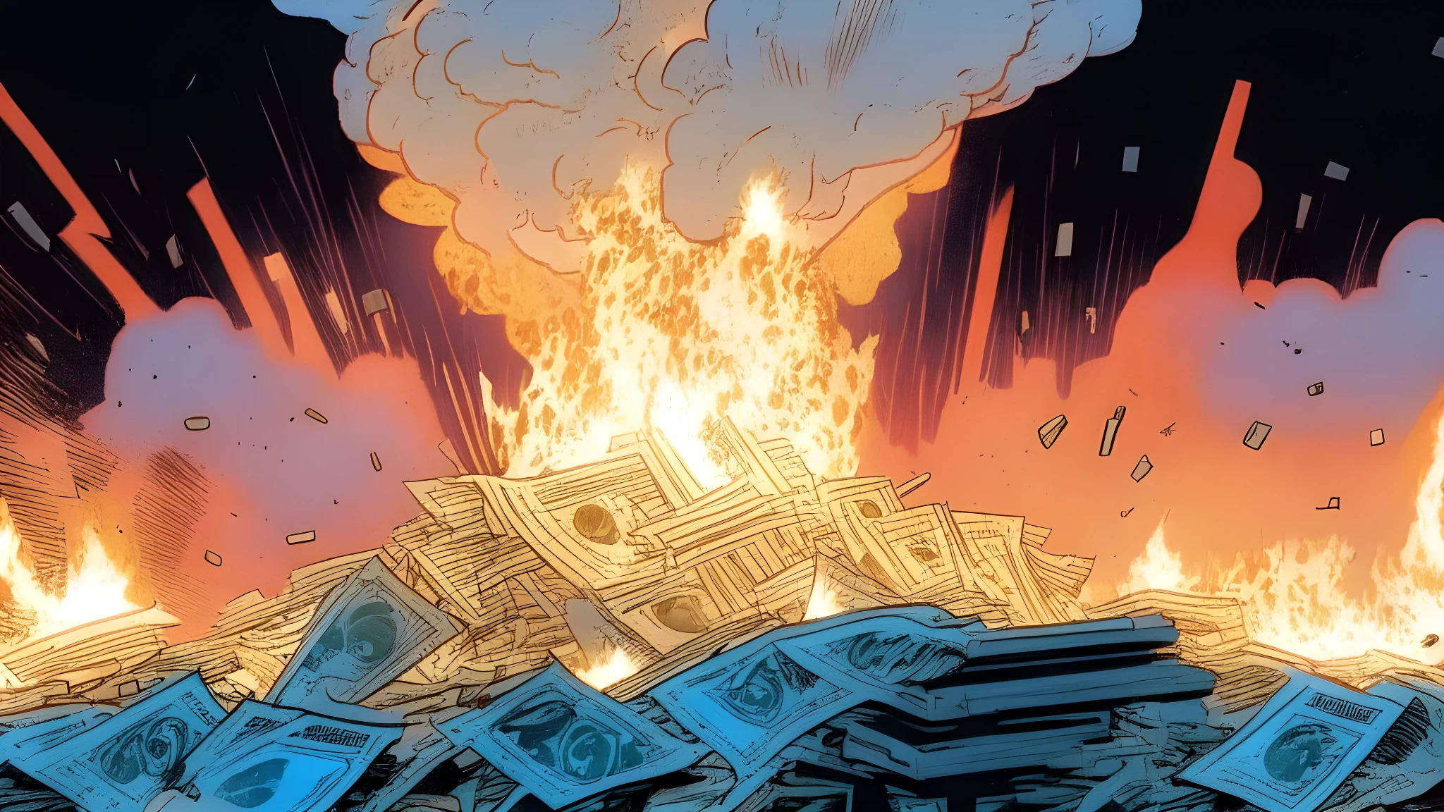 comic book drawing of a big pile of money burning, dramatic shadows, with explosions in the background