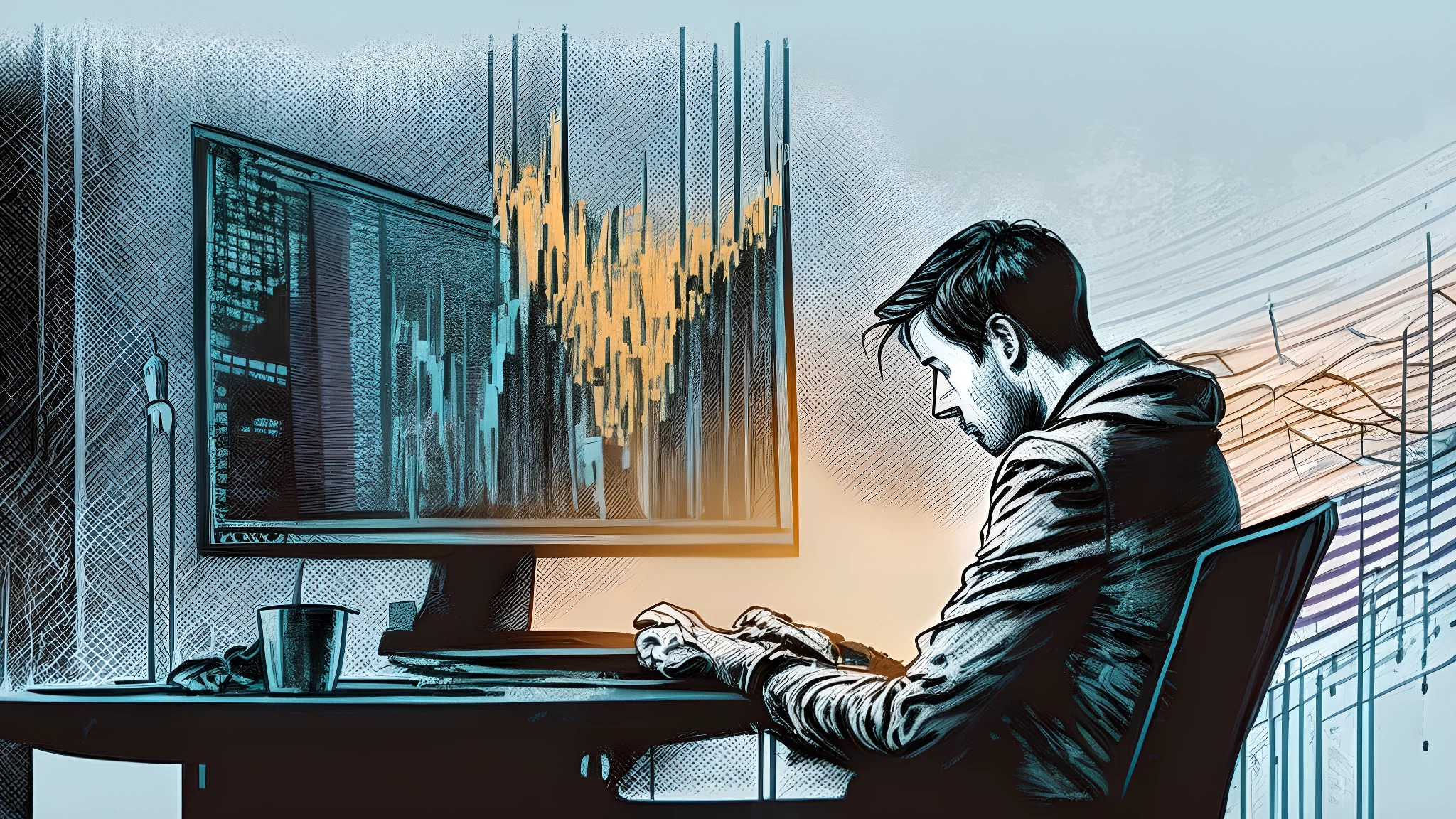 ink drawing of a desperate man looking at a computer showing financial graphs,