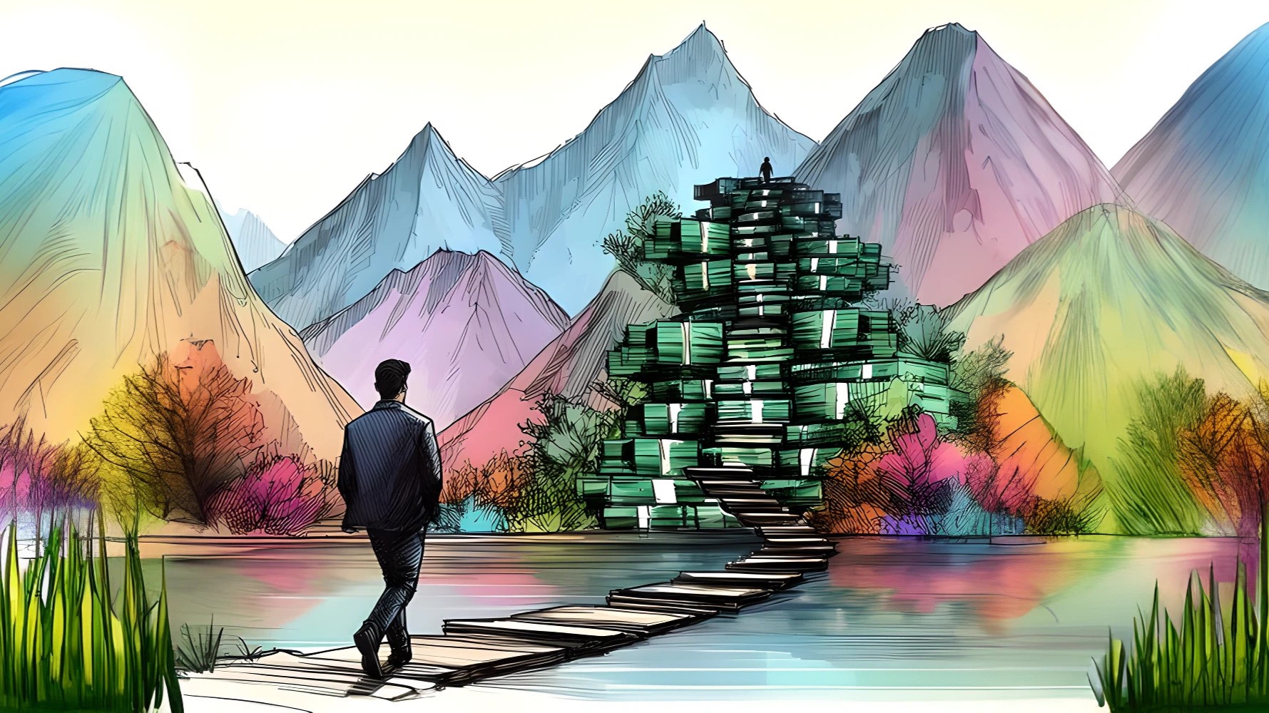 schizzo di inchiostro paesaggistico di un uomo che sale una scala fatta di soldi, arte digitale, colorata